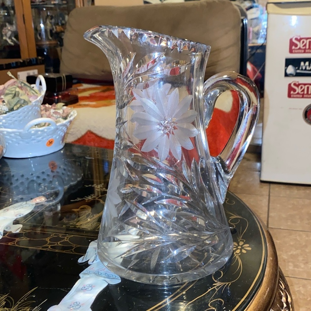 BX51 American Brilliant Period 10" T Cut Glass Pitcher Daisy Flowers and Leaves